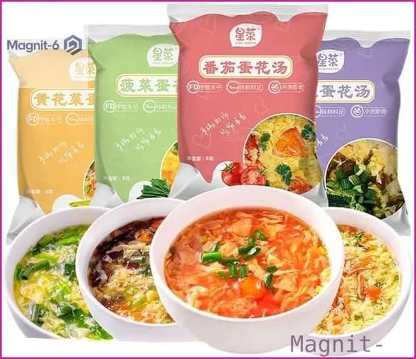 Бестселлер ОзонСвежий сублимированный овощной суп, смесь 4 вкусов 8 г/пакет: суп с водорослями и яичными хлопьями, питательный томатный суп, полезный суп со шпинатом.