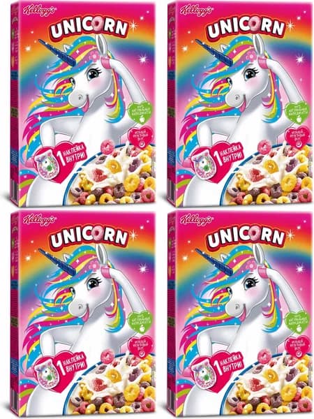 Сухой завтрак Kelloggs Unicorn Радужные колечки с фруктовым вкусом, комплект: 4 упаковки по 195 г