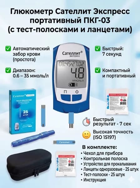 Глюкометр Сателлит Экспресс портативный ПКГ-03 (с тест-полосками и ланцетами)
