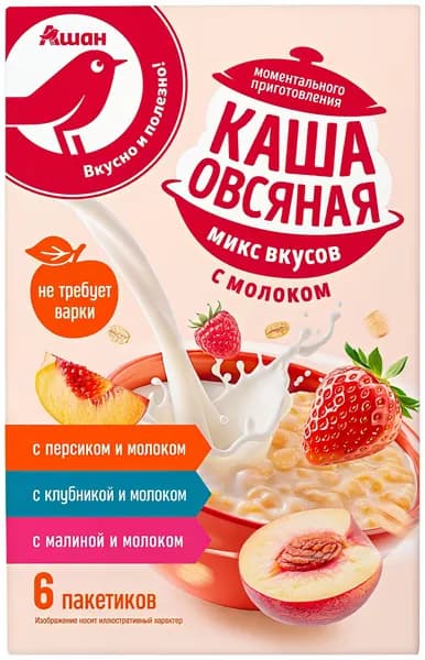 Каша овсяная АШАН Красная птица Микс вкусов с молоком, 6х35 г