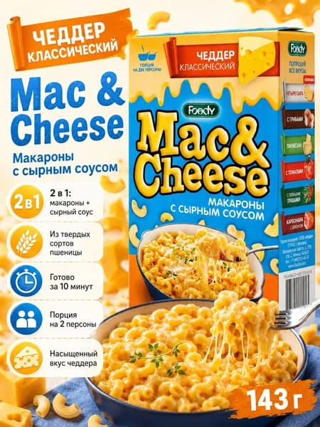 Макароны с сырным соусом Чеддер Mac&Cheese 143 г, паста быстрого приготовления, сырные рожки для обеда, ужина и перекуса
