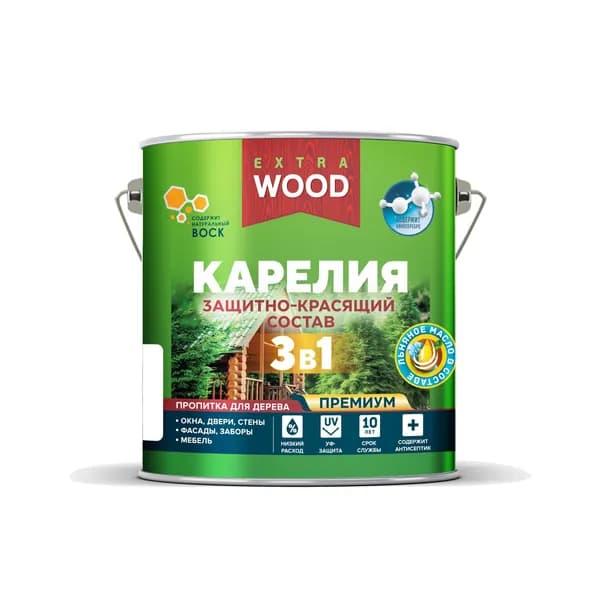 Водоотталкивающая пропитка для защиты дерева 3 в 1 Wood Extra Карелия с антисептиком, льняным маслом и натуральным воском, полуматовая, 2,7 л, калужница