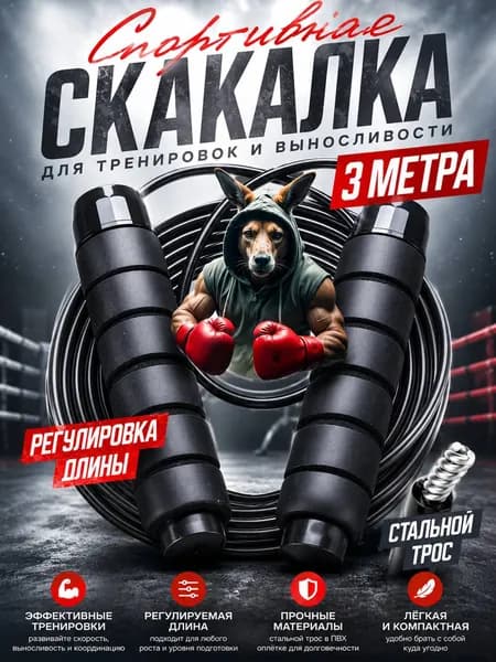 Скакалка профессиональная, скоростная для фитнеса, бокса, кроссфита, гимнастики и тренировок с подшипником и регулировкой длины, 300 см. Черная