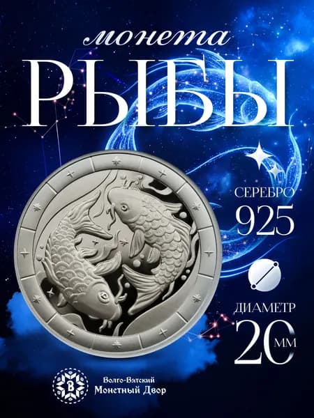Монета серебро Знак зодиака Рыбы