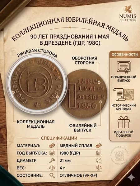 Памятная медаль 90 лет празднования 1 мая в Дрездене, 1980 год ГДР