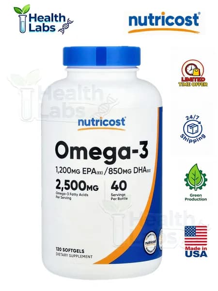 Nutricost, Омега-3, 2500 мг, 120 мягких капсул (833 мг в каждой мягкой капсуле)