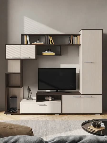 Гостиная комплект Капри, шкаф, тумба под телевизор, полки, 210x42x182 см, Венге / Дуб Белфорт