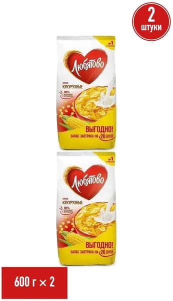 Хлопья Любятово кукурузные 600 г, набор: 2 штуки