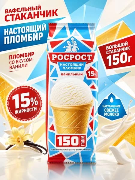 Мороженое Настоящий пломбир вафельный стакан ванильный 150 г
