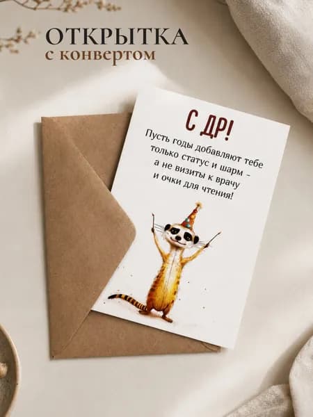 Открытка С ДР! с сурикатом и крафт-конвертом