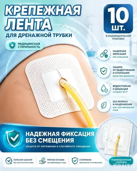 Медицинские повязки, предназначенные для фиксации медицинских дренажных трубок и катетеров. 10 штук
