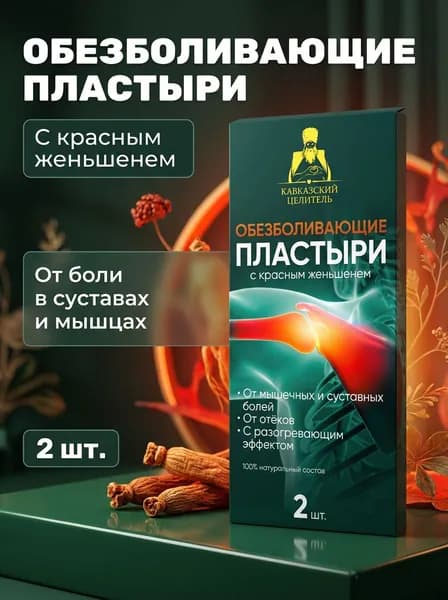 Пластырь обезболивающий с красным женьшенем согревающий для спины и суставов, 2 шт