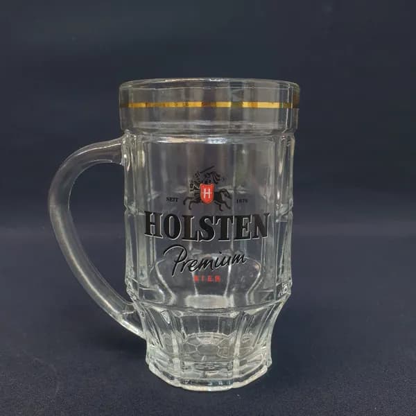 Кружка стеклянная винтаж СССР. Holsten с ручкой, граненая форма, золотистый ободок