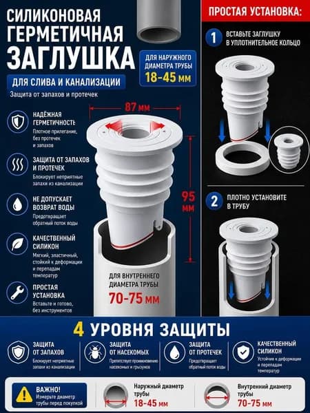 Силиконовая заглушка для сливной трубы, антивозвратный клапан от запаха, насекомых и протечек, уплотнитель для канализации 45 50 / 70 75 мм