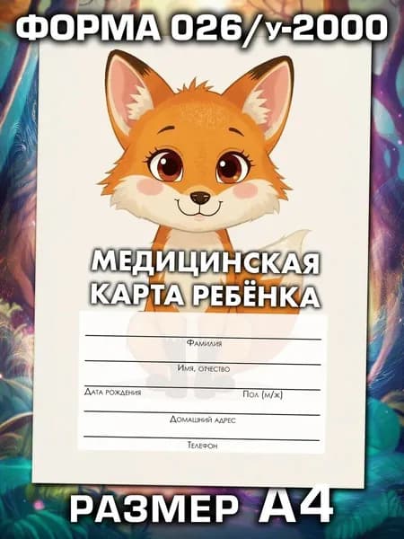Медицинская карта 026/у-2000 Аурасо, медкарта в детский сад, школу и поликлинику, амбулаторная, большая, размер А4