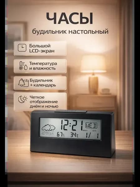 Цифровые часы-будильник с термометром, датой и влажностью