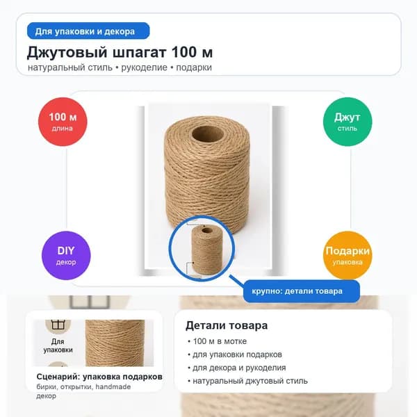 Декоративный шпагат для упаковки и рукоделия, 100 м