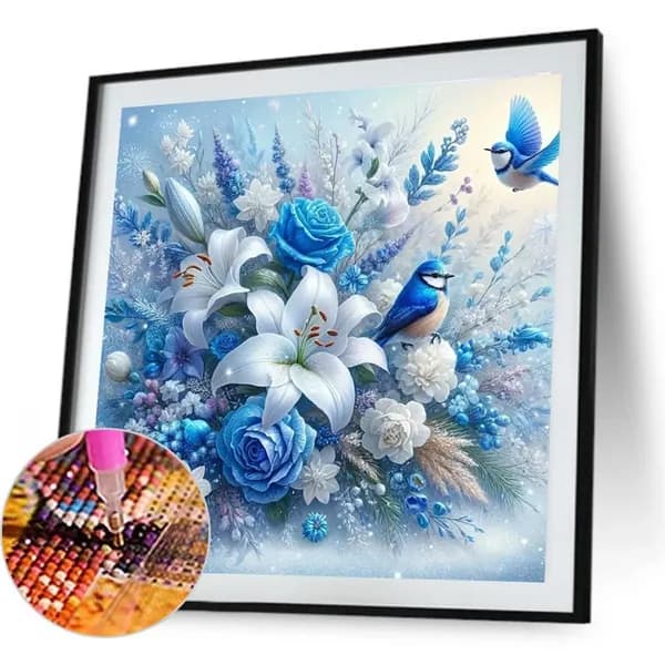 Диамантная картина Цветы и птицы синяя гамма, 40 40 см, 30 цветов, 5D DIY