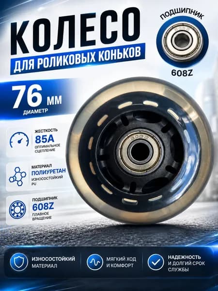 Колесо для роликов 76 мм с подшипником 608Z, полиуретан, износостойкое, прозрачное