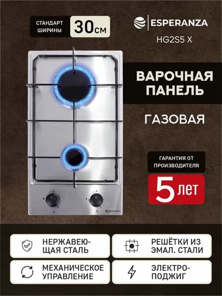 Варочная панель газовая 2 конфорки встраиваемая нержавейка ESPERANZA HG2S5 Х серебристая
