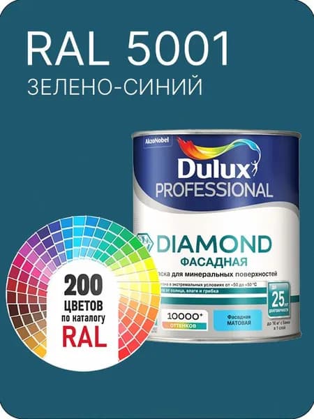 Краска для минеральных и деревянных фасадов Dulux Diamond цвет зелено-синий Ral 5001 0.8 л.