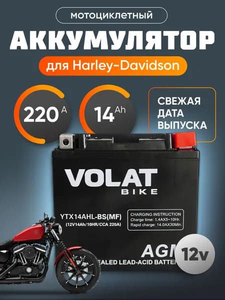 Аккумулятор для мотоцикла 12в 14 Ah 185 A обратная полярность VOLAT YTX14AHL-BS(MF) акб для мототехники 12v AGM, мопеда альфа, скутера, квадроцикла, питбайка, снегохода, генератора 150x87x145