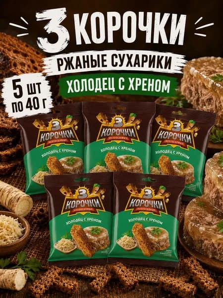 3 Корочки, Сухарики Холодец с хреном, 5 шт х 40 г, Россия