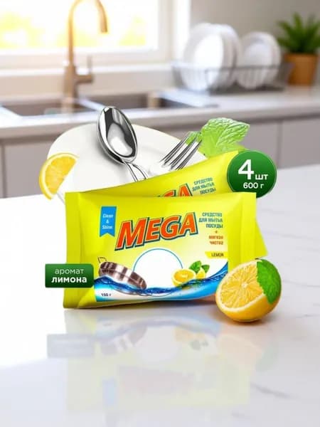 #MEGA: Средство для мытья посуды, аромат лимон, 600 г (4 х 150 г)