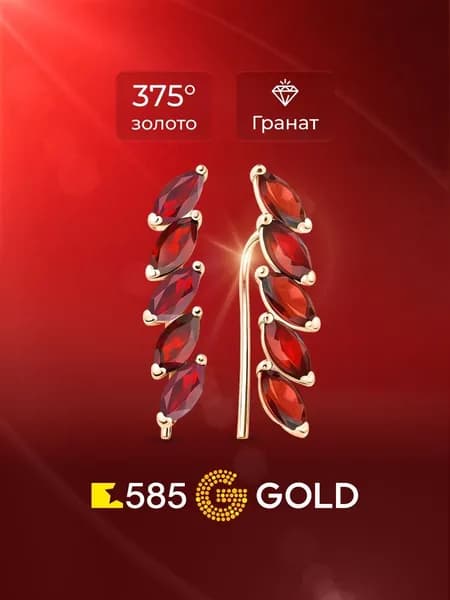 Серьги женские с гранатами из красного золота 375 пробы 585GOLD
