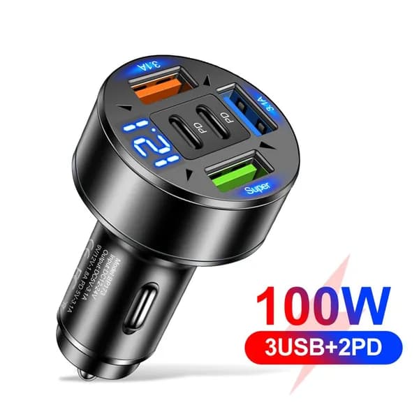 Автомобильное зарядное устройство на 100 Вт с 5 портами, поддержка QC3.0 и PD