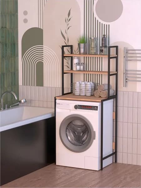 Тумба для ванной над стиральной машиной напольный металлический LOFT, шкаф поод стиральную машину и над унитазом, полка-этажерка в ванную, черная