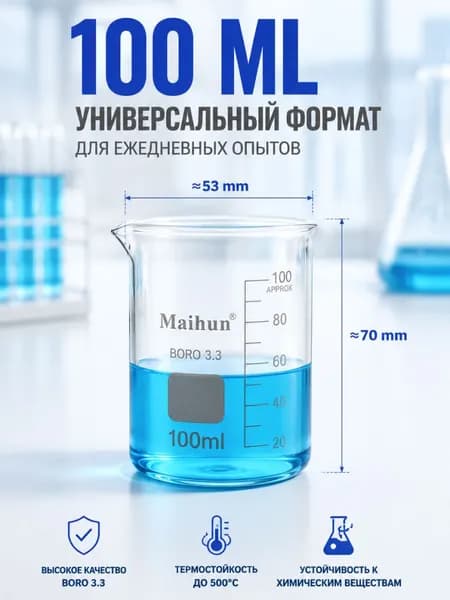 Стакан 100 мл (термостойкий, низкий с делениями и носиком, стеклянный)