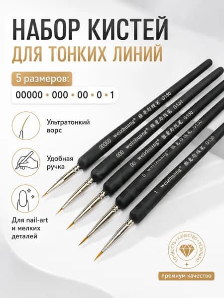 Кисти для росписи лица кукол и ООАК, набор 5 шт (00000-1). Тонкие кисти для макияжа кукол, рисования ресниц и бровей, синтетика для акрила