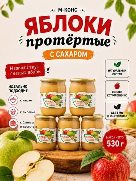 Яблоки Мичуринские протертые с сахаром, 5 шт. по 530 г