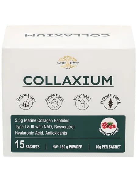 Collaxium Marine Collagen 15 pacets Sacred Leaves / Биологически активная добавка к пище. Морской Коллаген 15 саше с NAD со вкусом клюквы