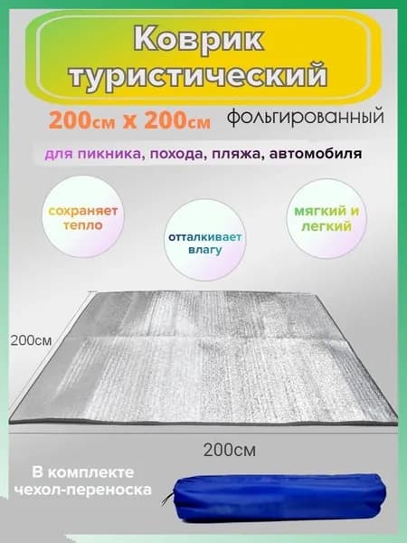 Туристический коврик фольгированный для палатки и пикника Физра, 200см*200см