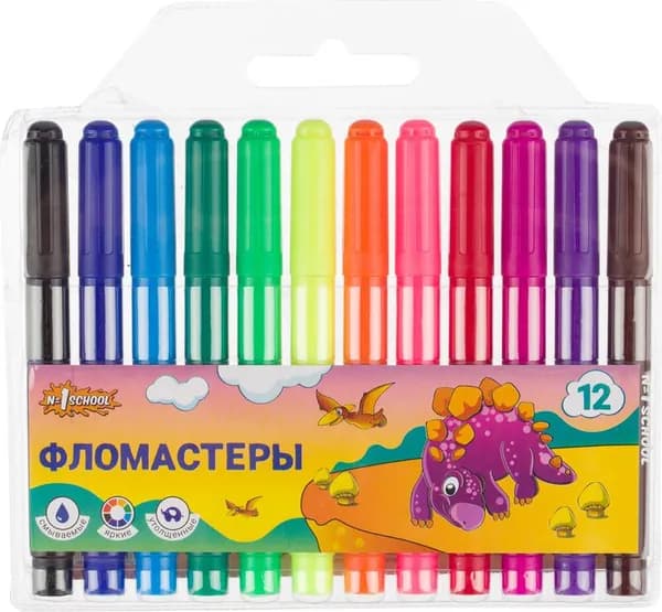 Фломастеры Комус Класс 12 цветов с вентилируемыми колпачками смываемые