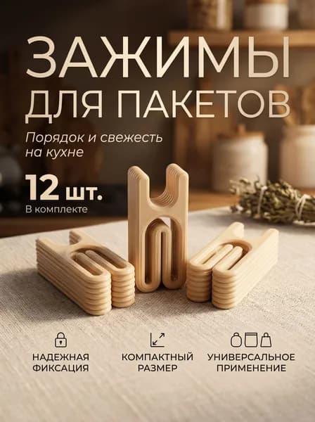 Зажимы для пакетов Nest&Nook набор 12 шт бежевые