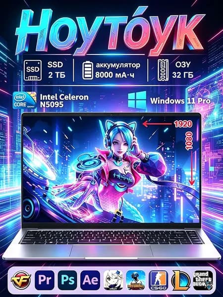 KHXZ Ноутбук для работы и учёбы Ноутбук 15.6", Intel Celeron N5095, RAM 32 ГБ, SSD 2048 ГБ, Intel UHD Graphics, Windows Pro, черный матовый, Русская раскладка