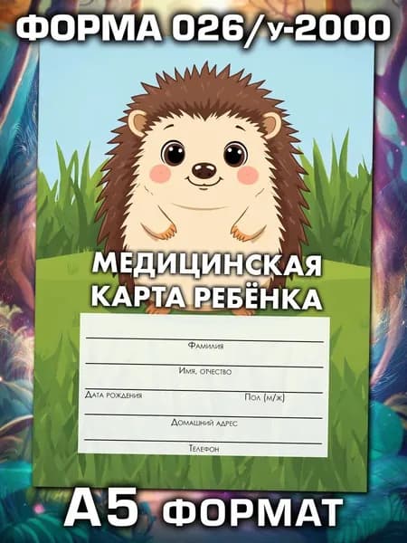 Медицинская карта 026/у-2000 Аурасо, медкарта в детский сад, школу и поликлинику, амбулаторная, формат А5