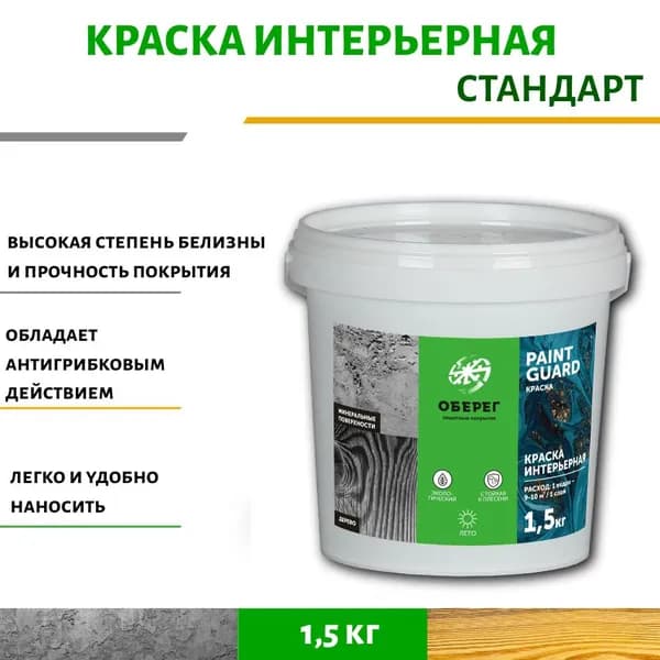 Краска интерьерная для стен и мебели белая Стандарт PaintGuard - 1л/1,5кг