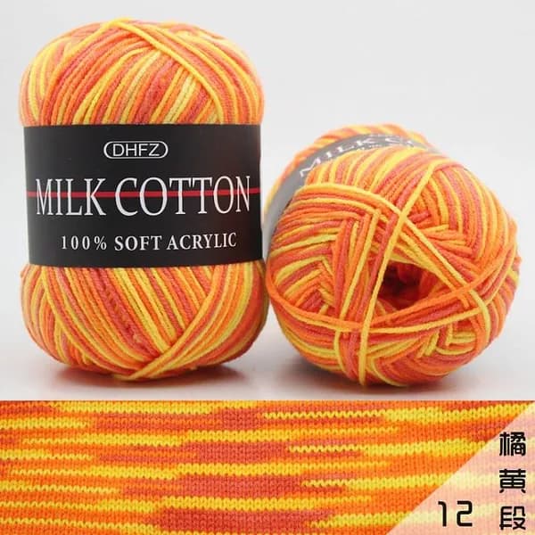 Пряжа для вязания DHFZ Milk Cotton Молочный хлопок мягкий акрил градиентная трехцветная поэтапно окрашенная желто-оранжевая 50 г.