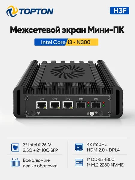 TOPTON Мини-ПК H3F (Intel Core i3-N300, RAM Отсутствует, Intel UHD Graphics, Без ОС), черный матовый