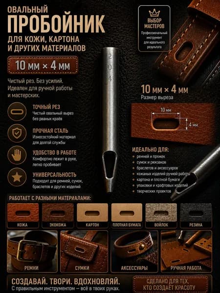 Овальный пробойник по коже, картону 10-4 мм