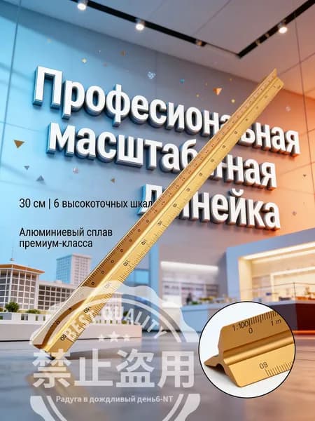 Линейка масштабная треугольная, 30 см, алюминиевая, трехгранная, профессиональная, золотая. 6 шкал. Для архитекторов, инженеров и дизайнеров. Из прочного сплава.