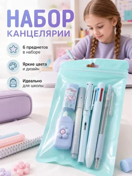 Набор канцелярских принадлежностей 6 предметов 20 12 1,3 см, ручка на 6 цветов, бесчернильный карандаш, корректор и ластик для школьников