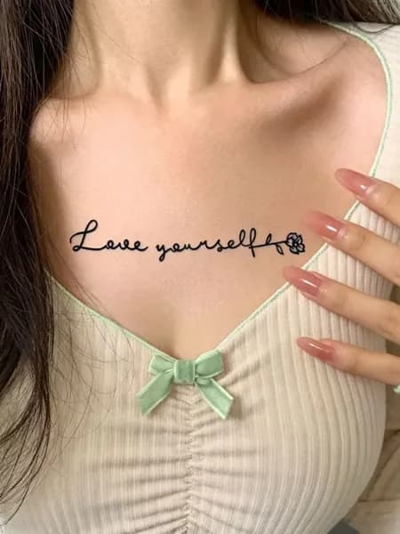 Растительная тату "Love yourself" с цветком на предплечье, бок, спину, растительная, водостойкая, повседневная