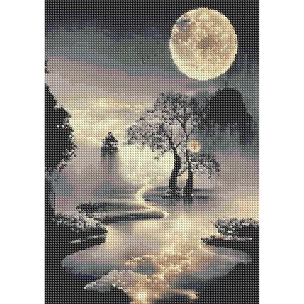 Диамантная картина Moon Stream Tree Горный пейзаж 30 40 см из акриловых страз на холсте