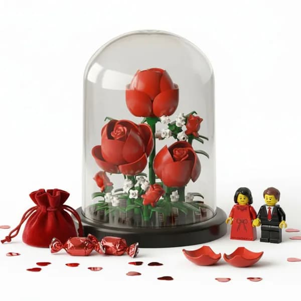 Мини-роза из строительных блоков Eternal Bouquet с прозрачным колпаком и основанием