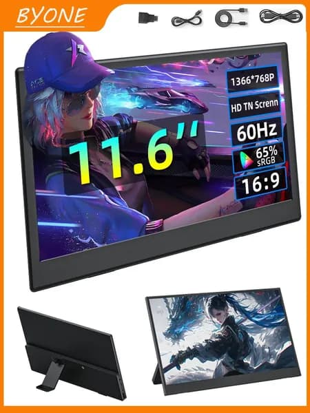 BYONE 11.6" Монитор 60Hz высокой частотой обновления，Портативный игровой монитор с  (ZA11.6), TN, 1366x768 FHD, 60 Гц, черный матовый